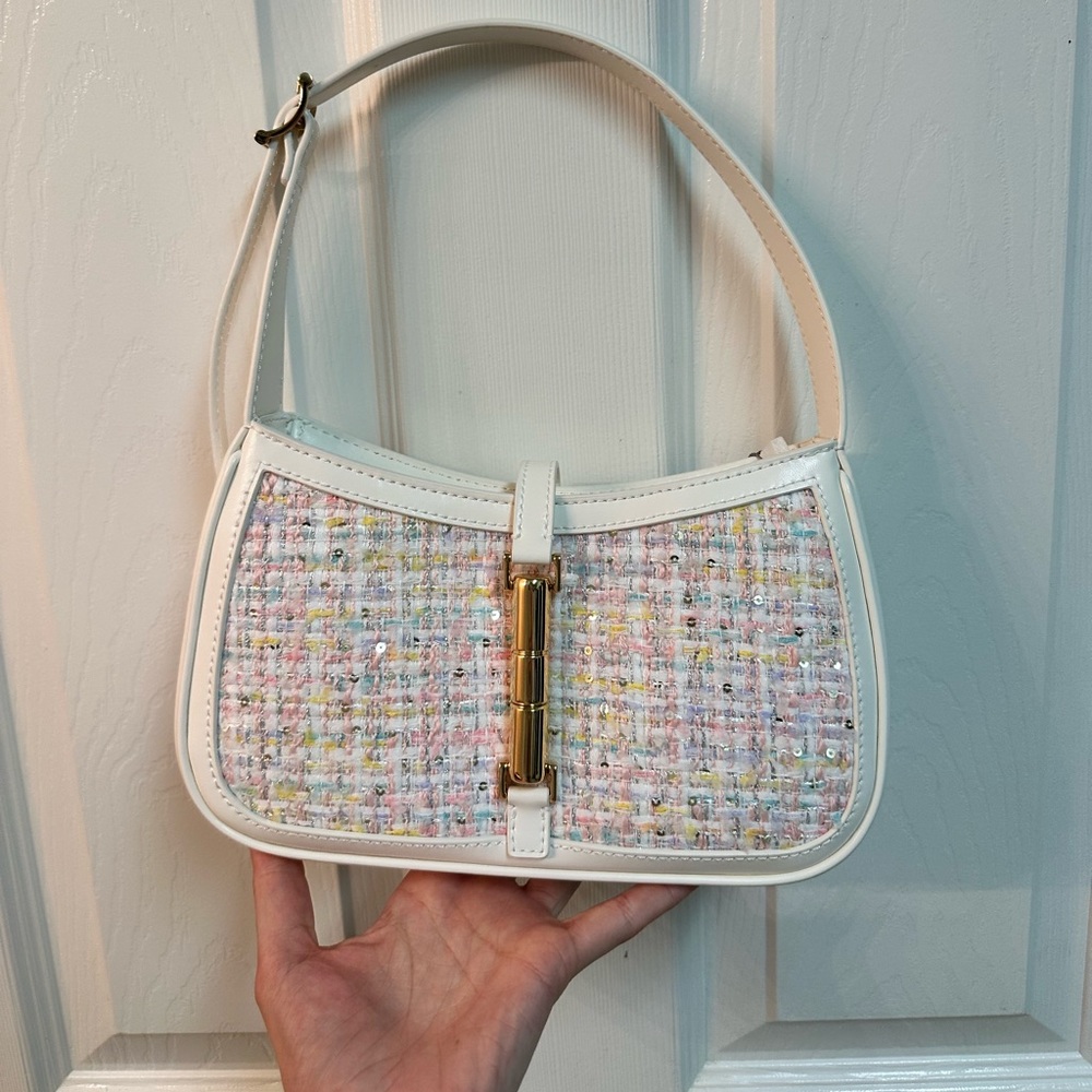 Cesia Metallic Accent Tweed Shoulder Bag - White
